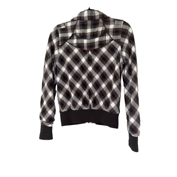 Vintage Y2K Fusion Denim Medium Mocha Brown Plaid Bomber Jacket Grunge Academia - Picture 2 of 8